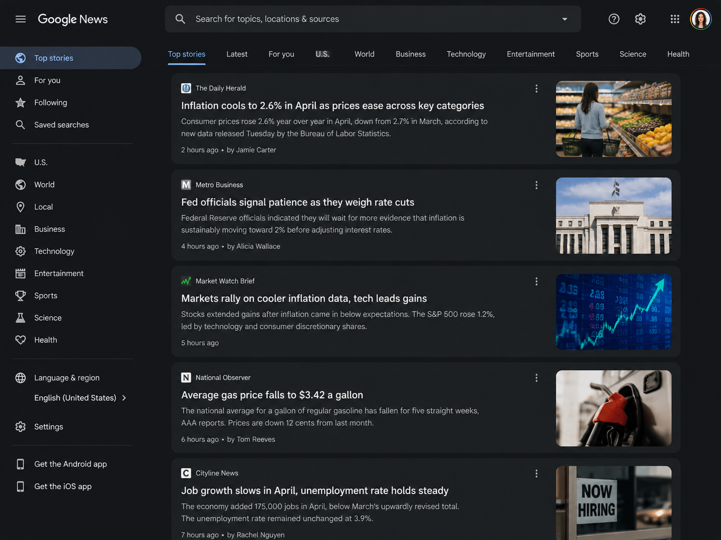 Google News feed showing inflation and Fed coverage headlines