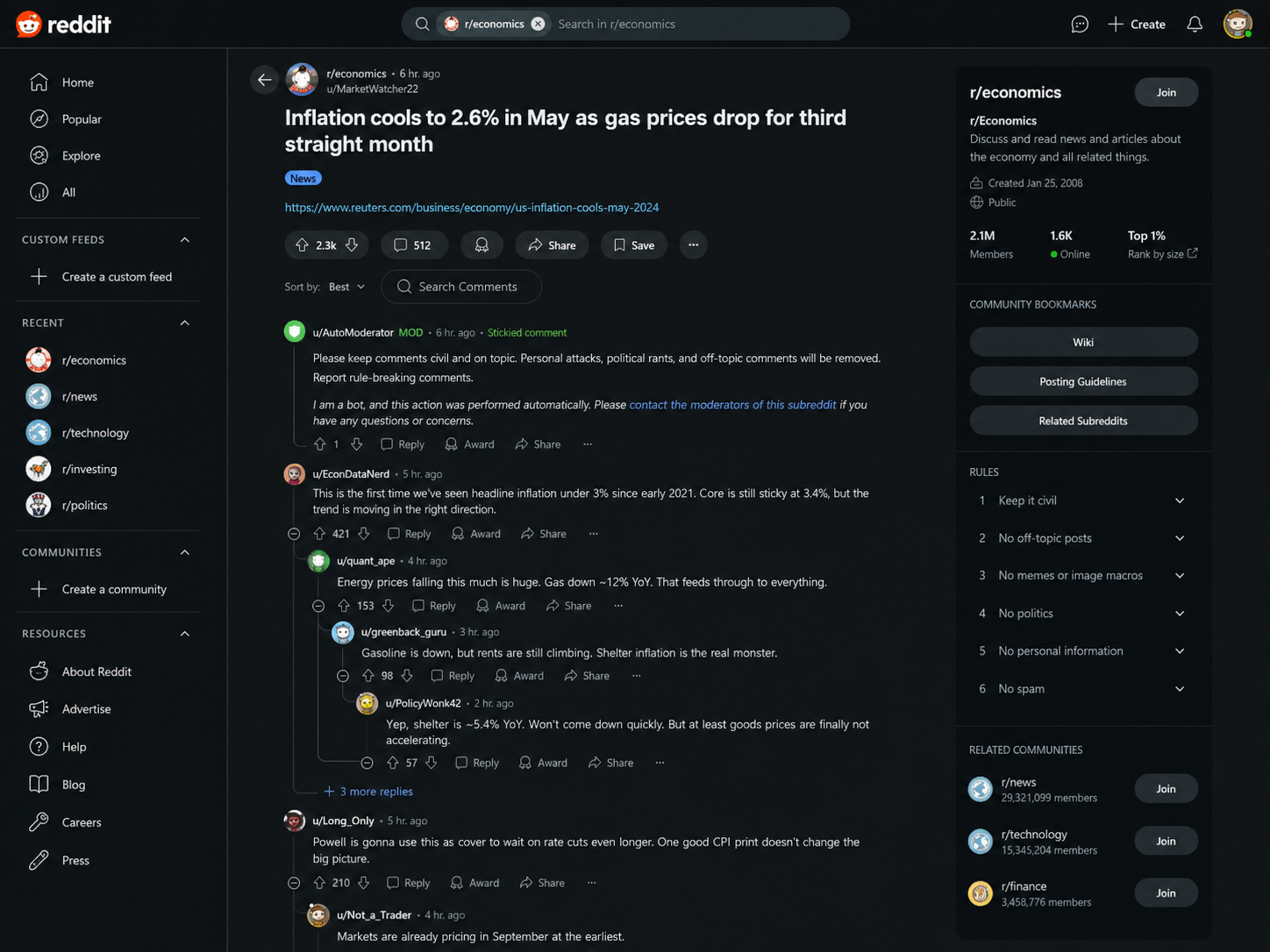 Reddit thread in r/economics discussing cooling inflation