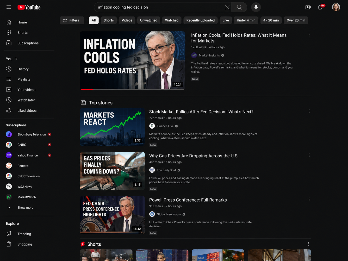 YouTube search results for inflation cooling and Fed decision videos