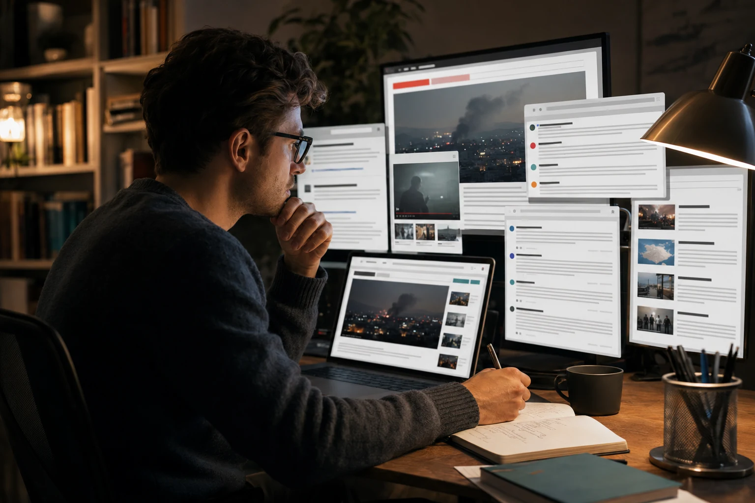 A reader comparing a news report, public comments, and video coverage across several screens